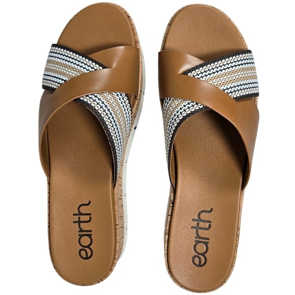 Earth Womens 11M etFINALE Wedge Platform Cork Sandals Brown Tan Beaded‎ Strap